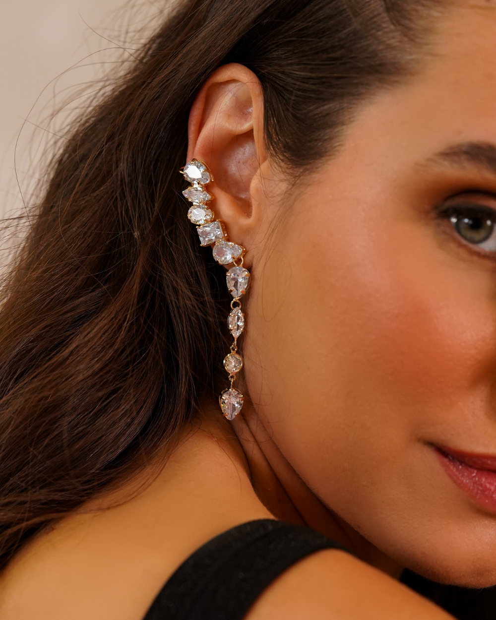 Ear Cuff Multi Lapidação Dangle Crystal Gold