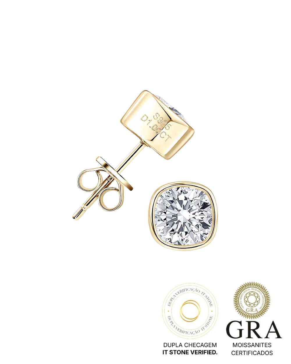 Brinco Solitário Cushion Moissanite Gold