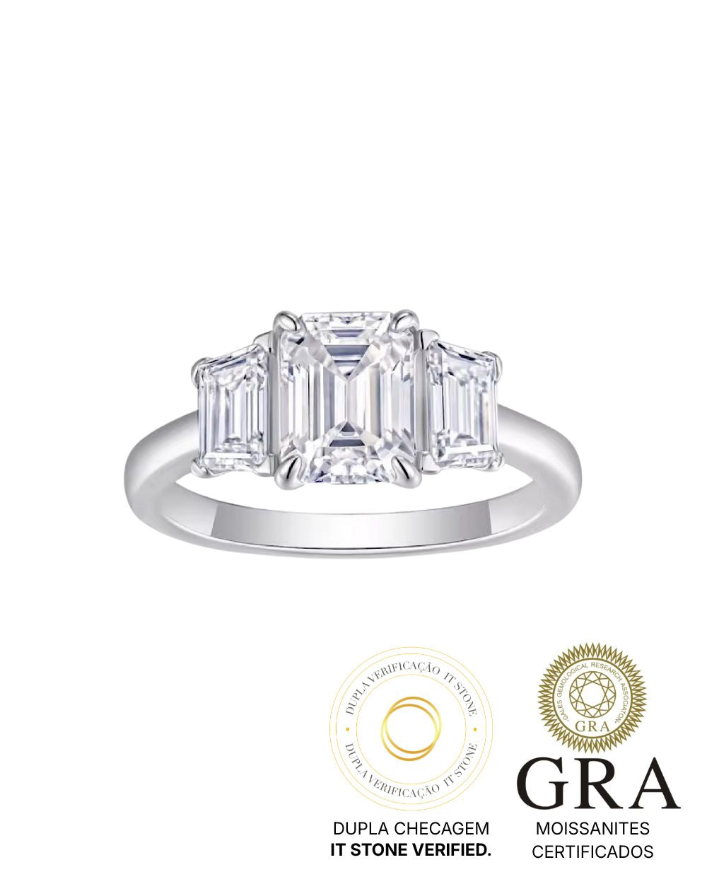 Anel Dedinho Emerald Cut 3 pedras Moissanite