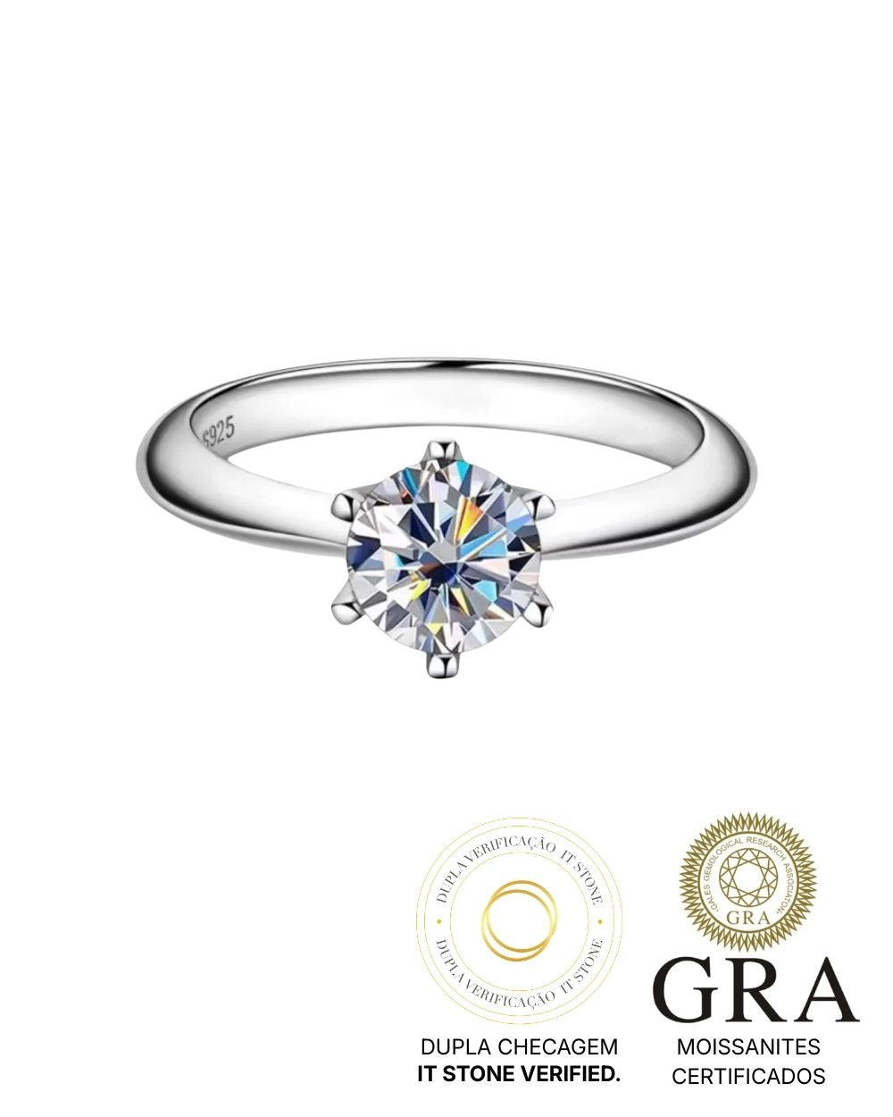 Anel Solitário Clássico Moissanite 1ct