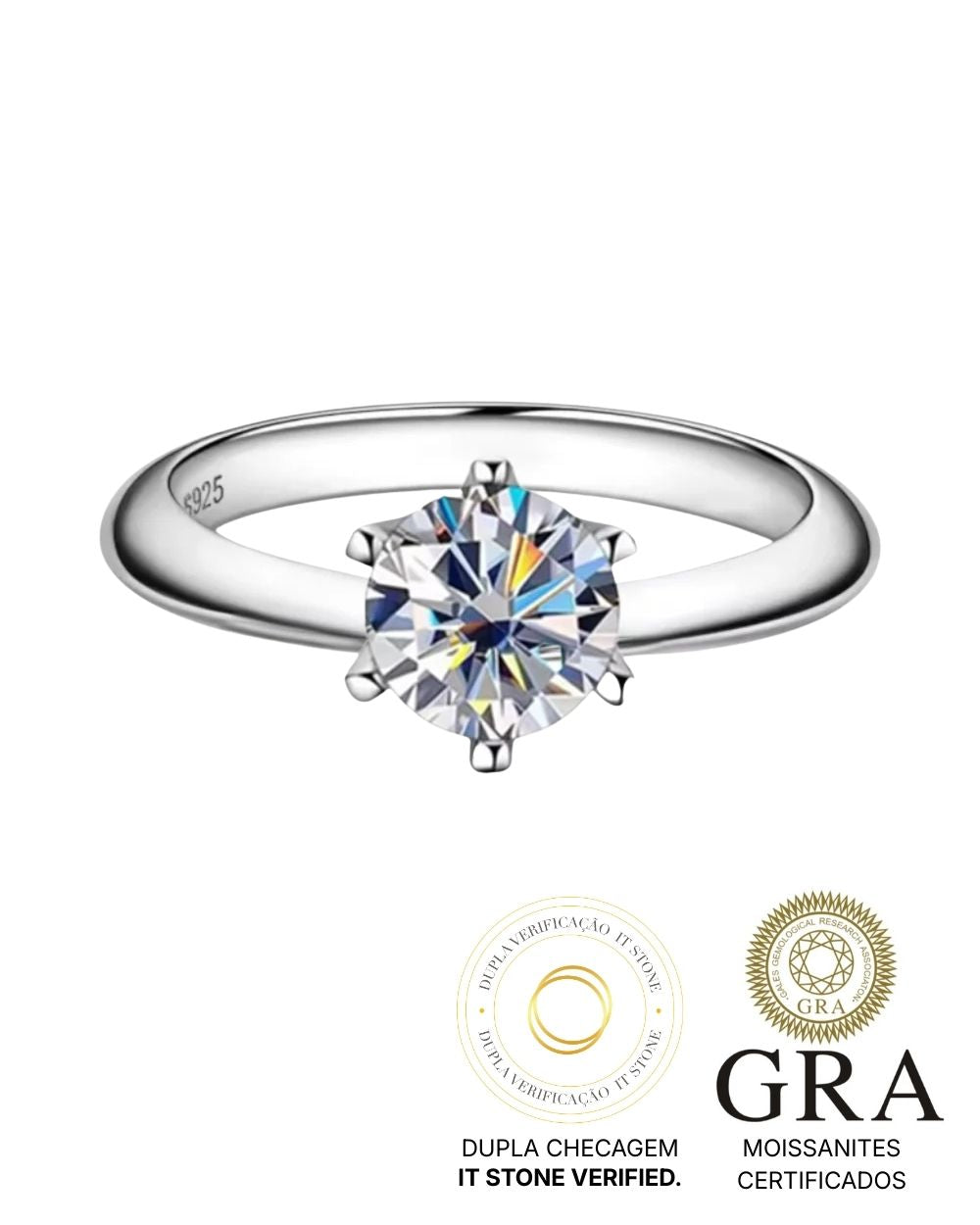 Anel Solitário Clássico Moissanite 2ct