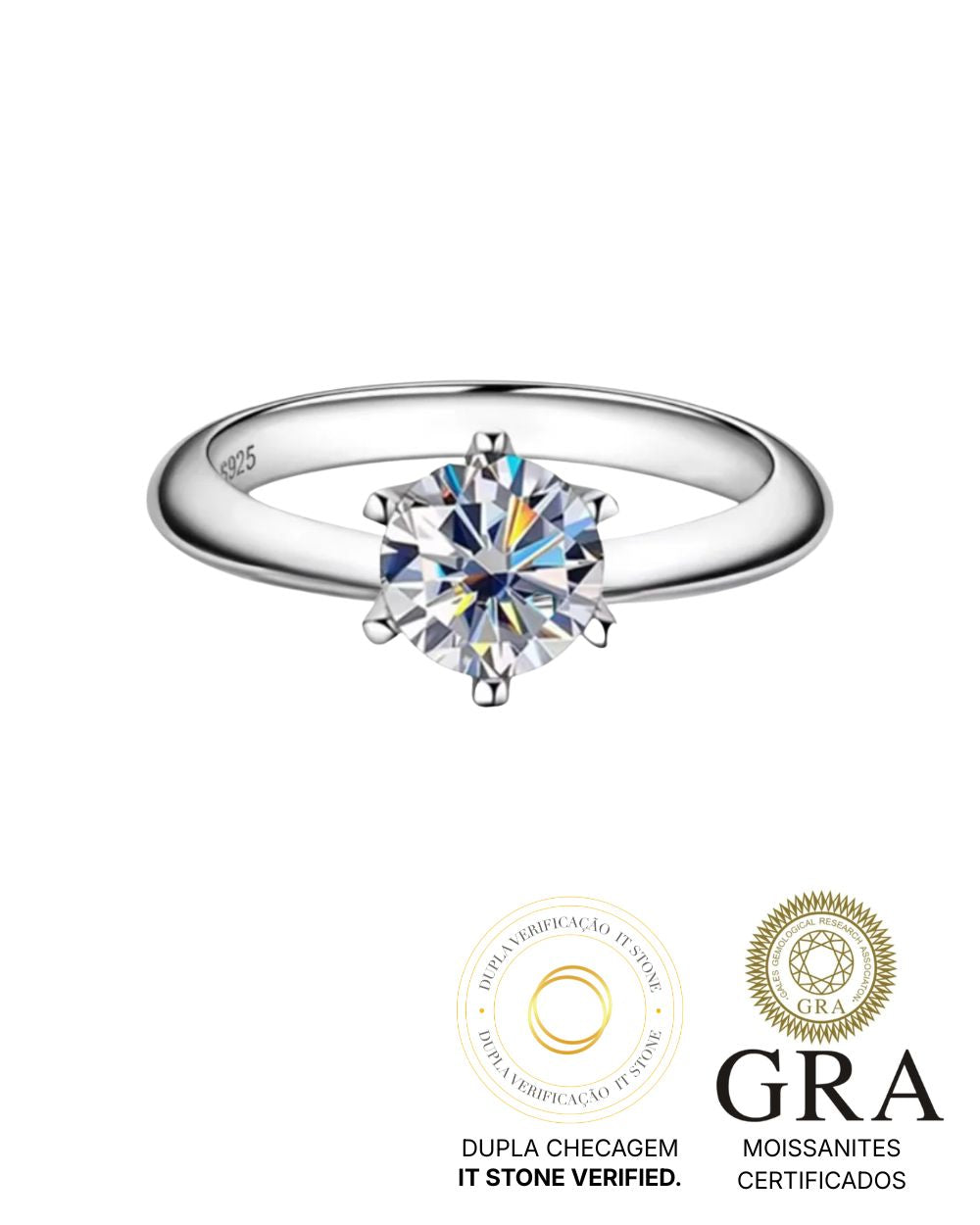 Anel Solitário Clássico Moissanite 2ct