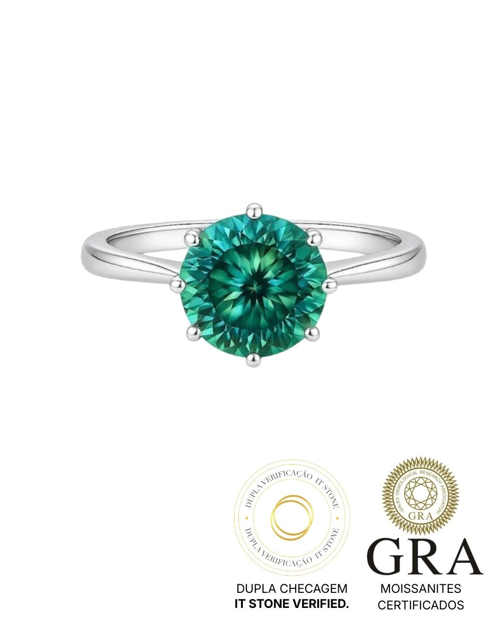 Anel Solitário Moissanite Ciano Corte Português Deep Vivid 2ct