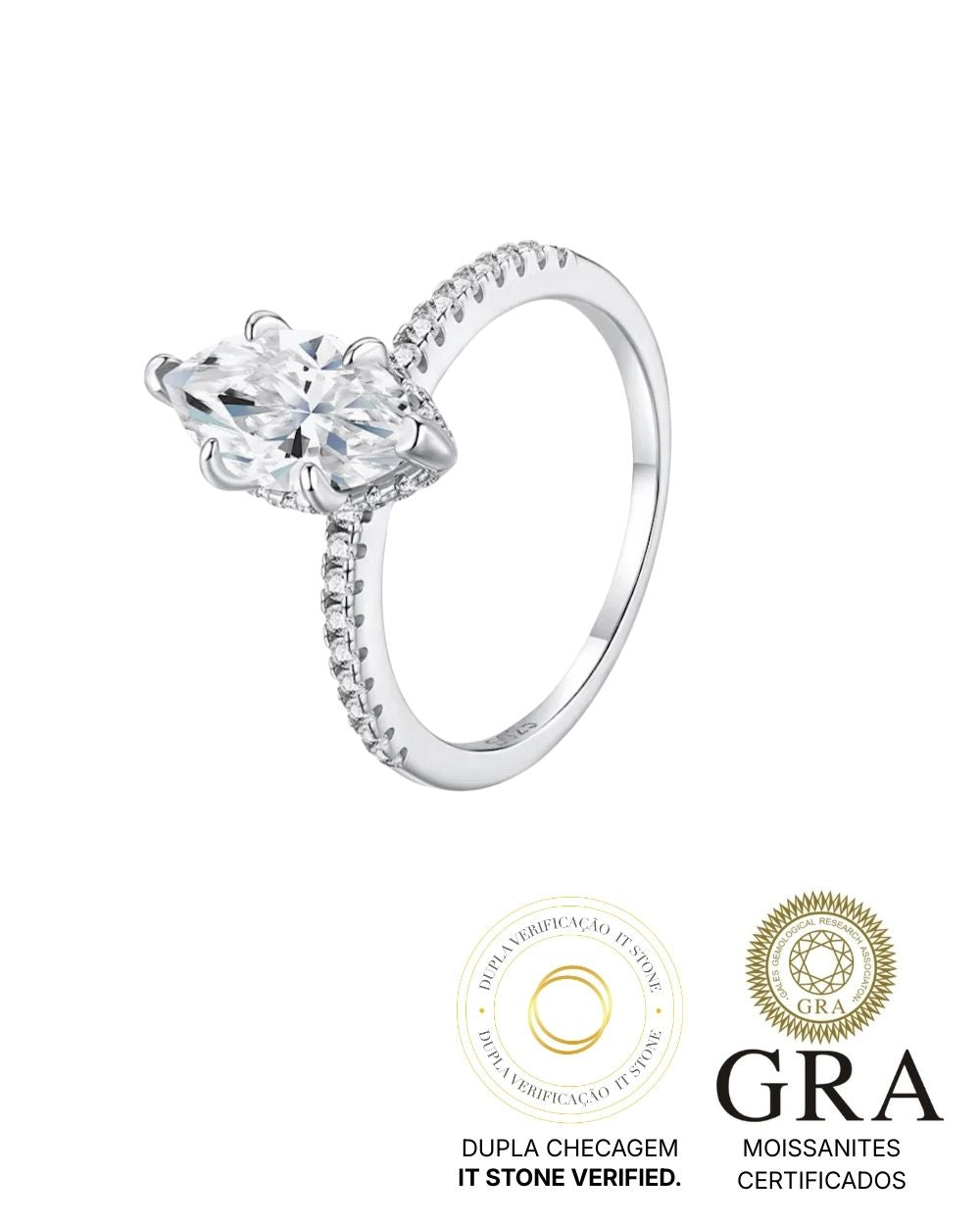 Anel Solitário Navete Moissanite Luxo
