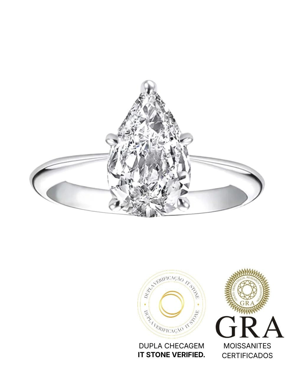 Anel Solitário Pear Shape Moissanite 2ct