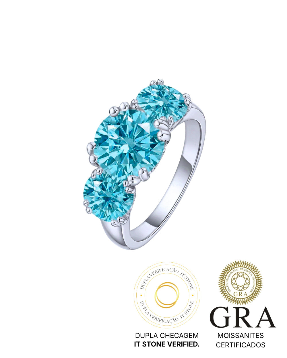 Anel 3 Pedras Moissanite Blue Sky