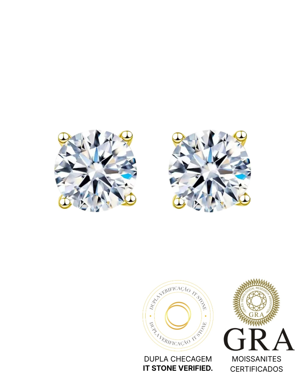Brinco Solitário Clássico Moissanite Luxo Gold 1ct