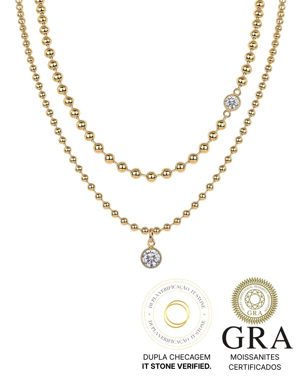Colar Duplo Ball Chain Moissanite Gold
