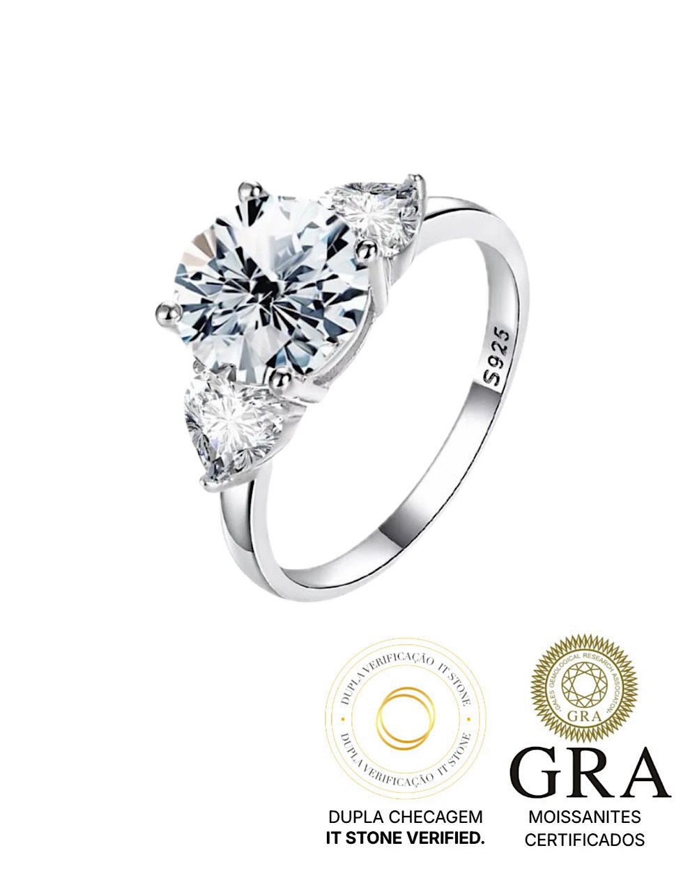 Anel 3 Pedras Moissanite Luxo
