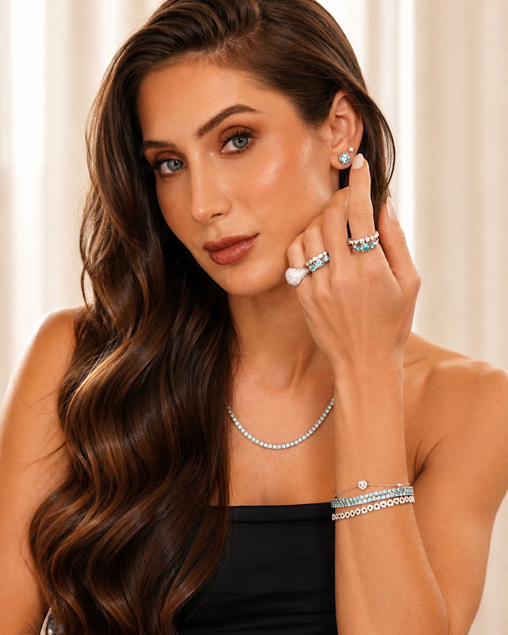 Anel 3 Pedras Moissanite Blue Sky
