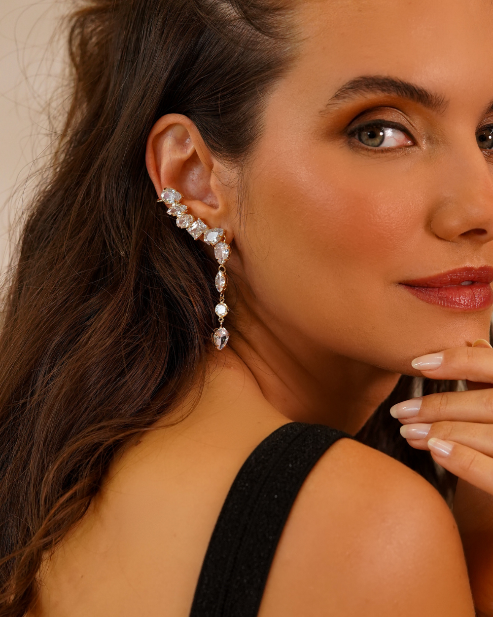 Ear Cuff Multi Lapidação Dangle Crystal Gold