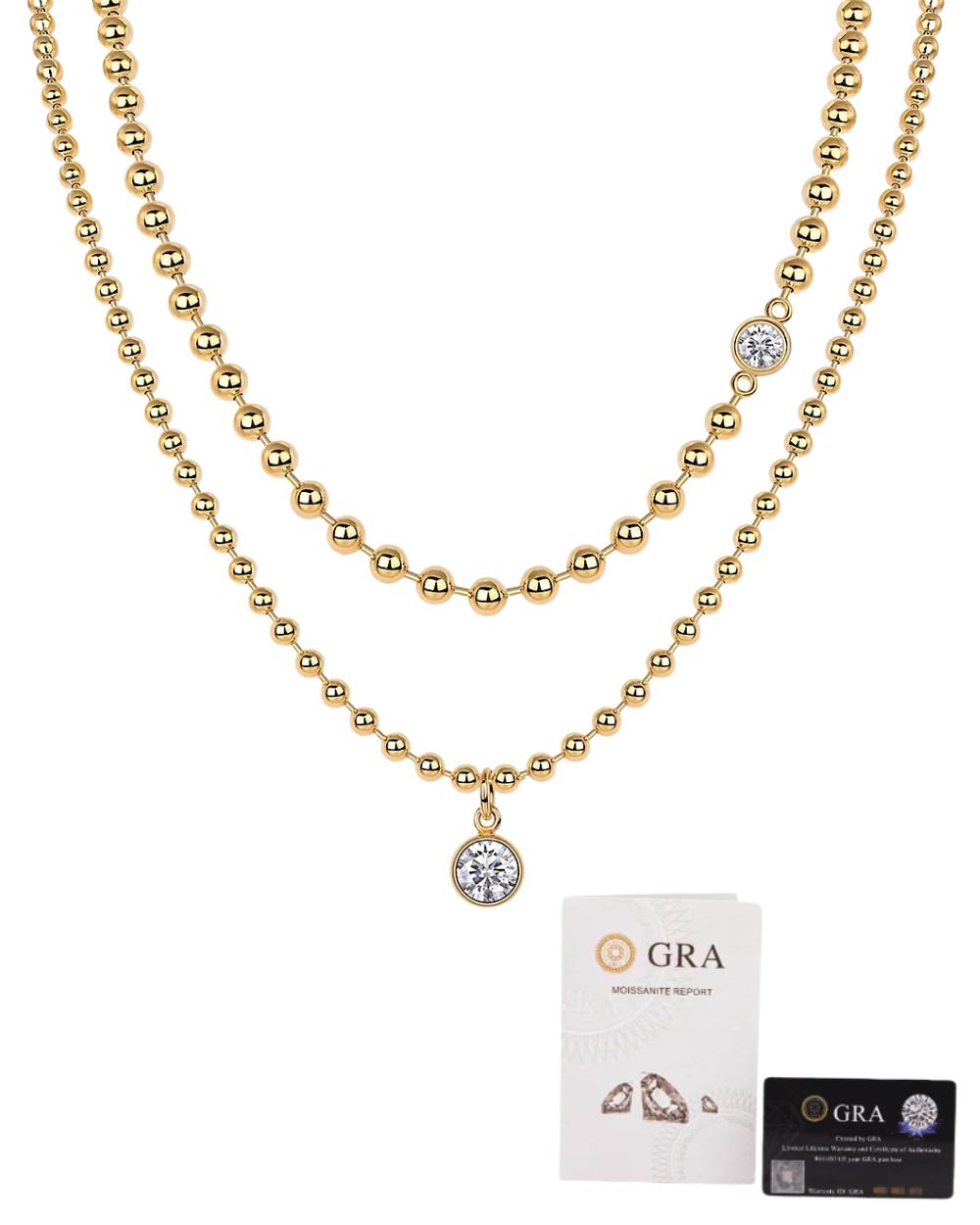 Colar Duplo Ball Chain Moissanite Gold