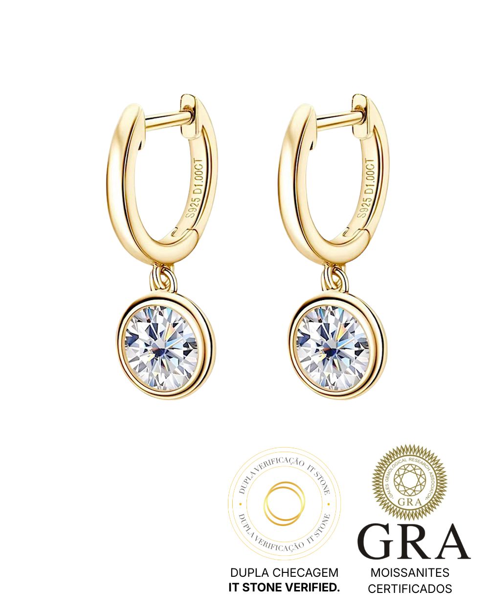 Argola Moissanite Cravação Inglesa Luxo Gold