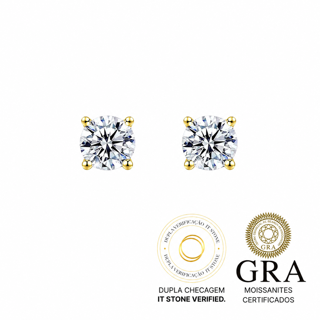 Brinco Solitário Clássico Moissanite Luxo Gold 1ct