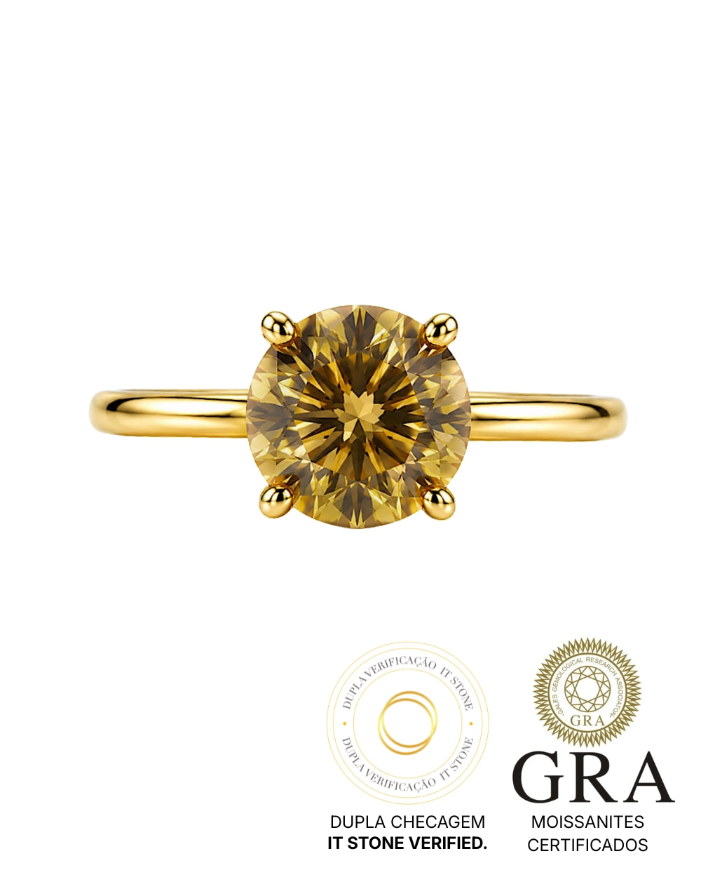 Anel Solitário Clássico Moissanite Champanhe 2ct
