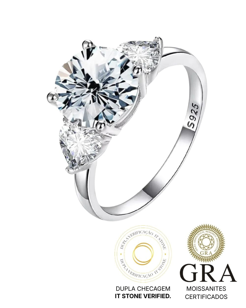 Anel 3 Pedras Moissanite Luxo