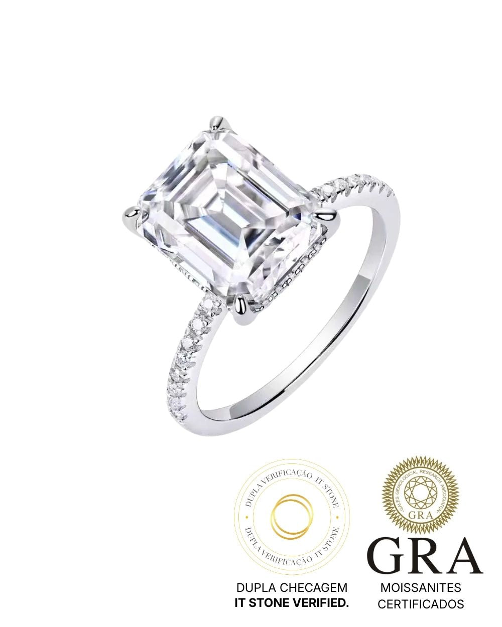 Anel Queen Moissanite Emerald Cut 5ct
