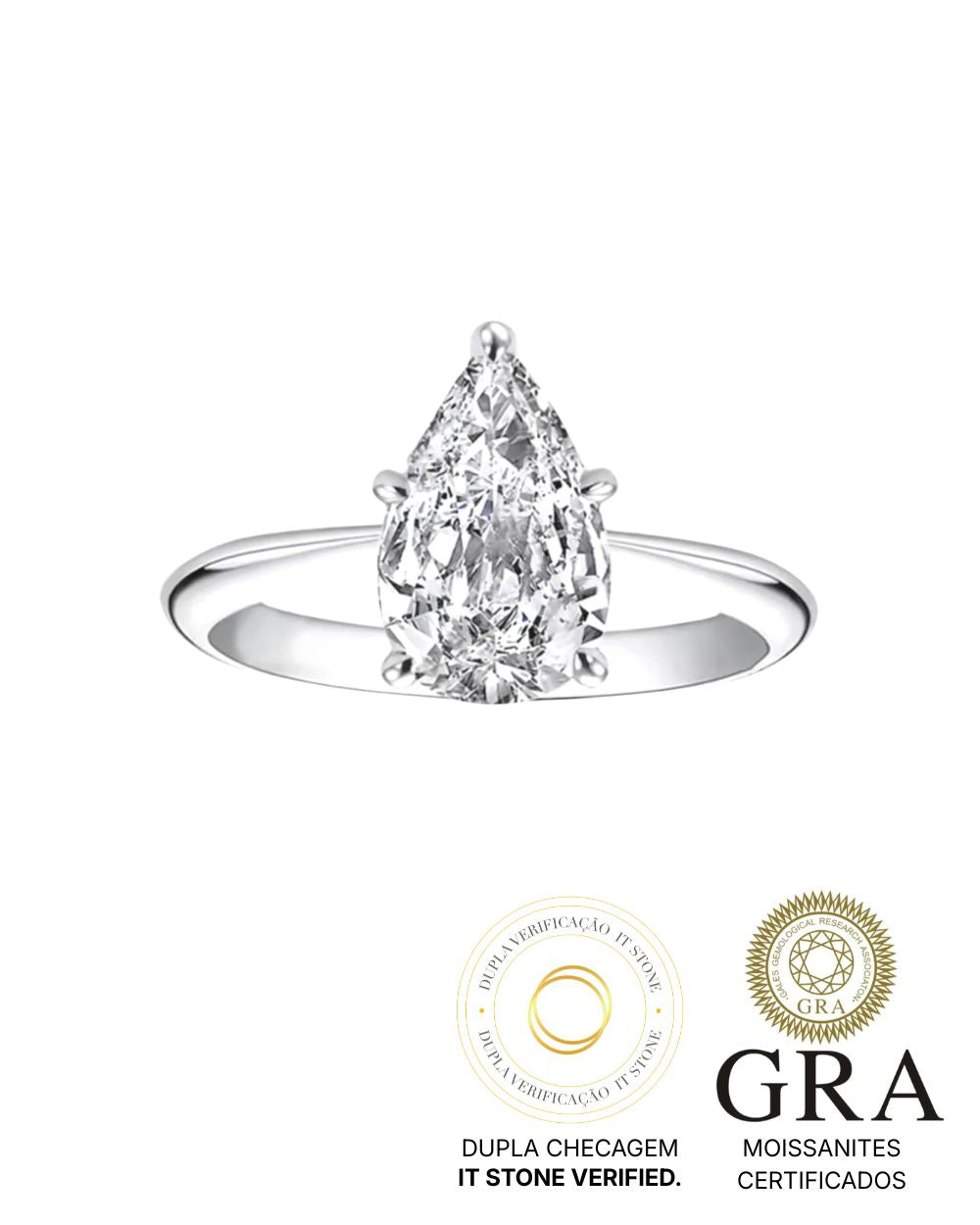 Anel Solitário Pear Shape Moissanite 2ct