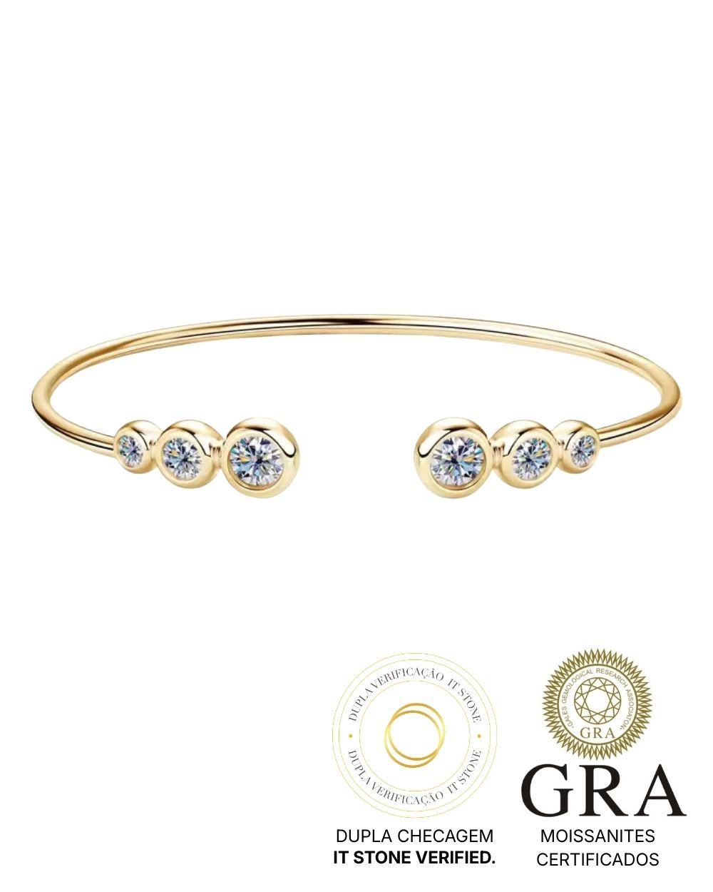 Bracelete Open Moissanites Cravação Inglesa Gold
