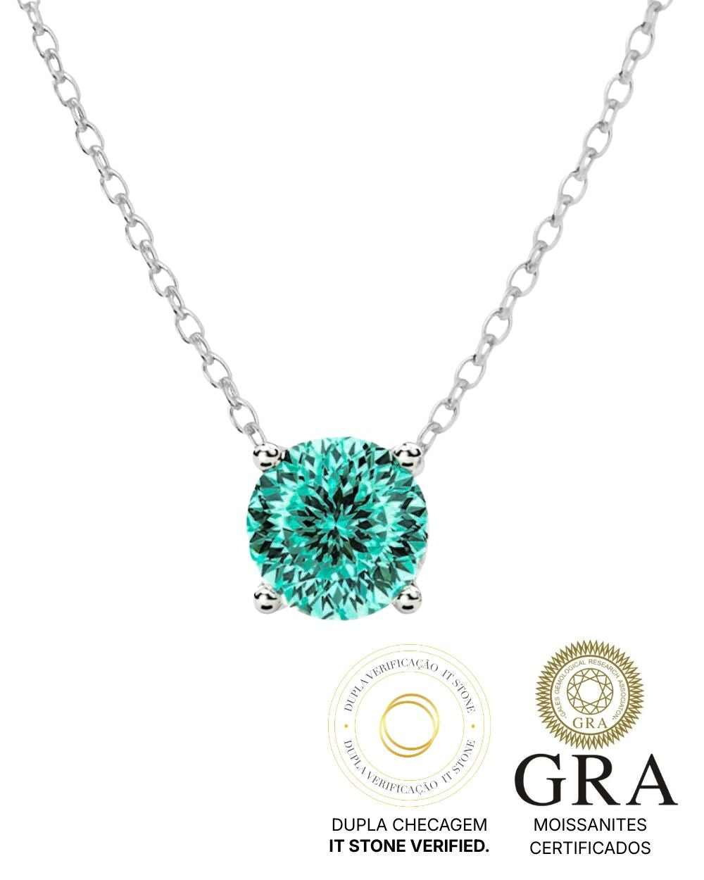 Colar Ponto de Luz Moissanite Portuguese Cut Ciano Deep Vivid 2ct