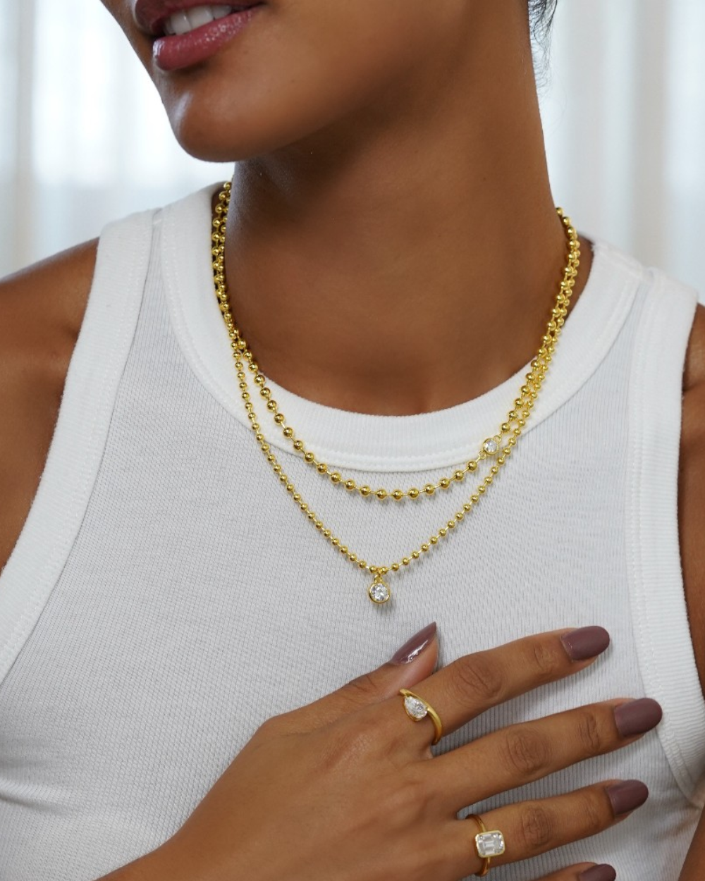 Colar Duplo Ball Chain Moissanite Gold