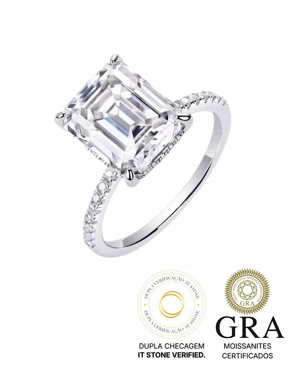 Anel Queen Moissanite Emerald Cut 5ct