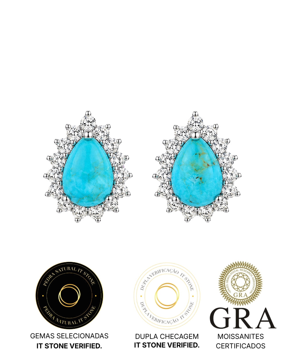 Brinco Gota Princess Turquesa Natural e Moissanite